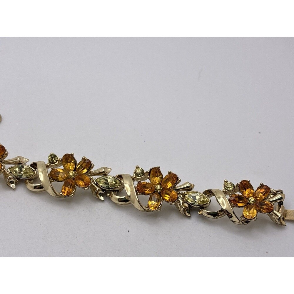 Coro Silver Amber Rhinestone Flower Vintage Jewelry Bracelet With Safety Clasp - Picture 8 of 9